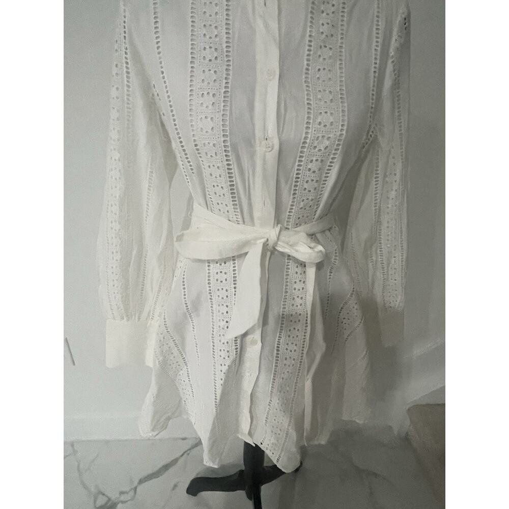 Zara White Eyelet Shirt Dress XS Tie Waist Lace Boho Cottagecore NWT